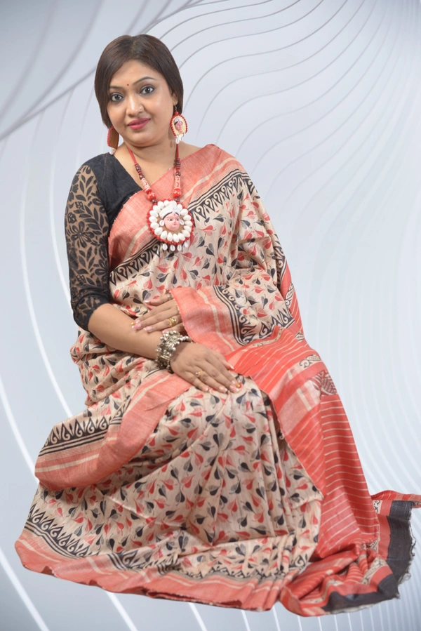 SKU0495 : Elegant Tussar Temple Ghicha Silk Saree – Handwoven Traditional Style Shape - Normal Length 6.3 mtr Plus, Offwhite, Block Print, Dry Clean Only, Yes