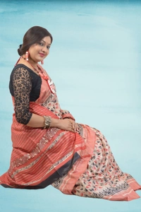 SKU0495 : Elegant Tussar Temple Ghicha Silk Saree – Handwoven Traditional Style Shape - Normal Length 6.3 mtr Plus, Offwhite, Block Print, Dry Clean Only, Yes