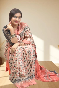 SKU0495 : Elegant Tussar Temple Ghicha Silk Saree – Handwoven Traditional Style Shape - Normal Length 6.3 mtr Plus, Offwhite, Block Print, Dry Clean Only, Yes