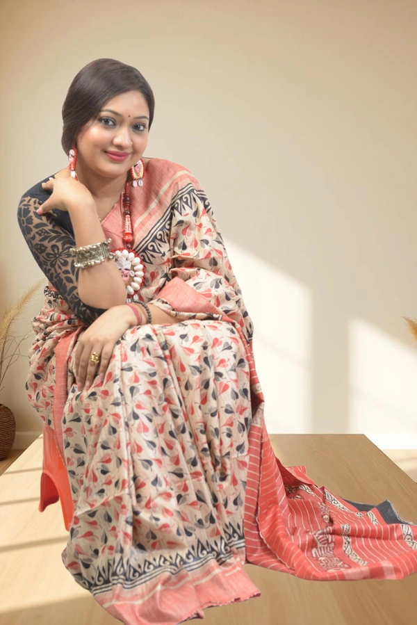 SKU0495 : Elegant Tussar Temple Ghicha Silk Saree – Handwoven Traditional Style Shape - Normal Length 6.3 mtr Plus, Offwhite, Block Print, Dry Clean Only, Yes