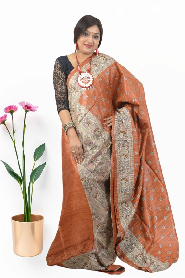 SKU0496 : Pure Ghicha Silk Saree–Handwoven Elegance from Bengal - Normal Length 6.3 mtr Plus, Terracotta, Buti / Booti, Dry Clean Only, Yes