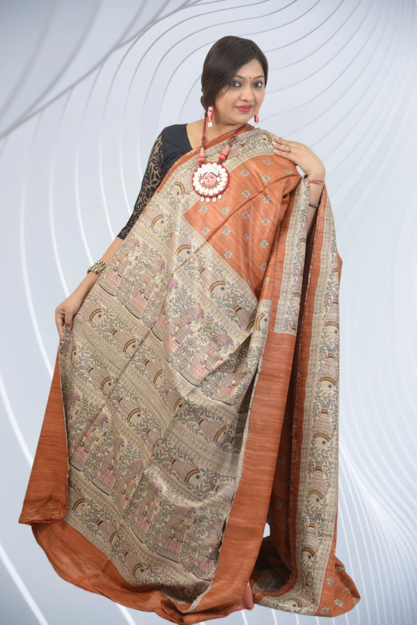 SKU0496 : Pure Ghicha Silk Saree–Handwoven Elegance from Bengal - Normal Length 6.3 mtr Plus, Terracotta, Buti / Booti, Dry Clean Only, Yes