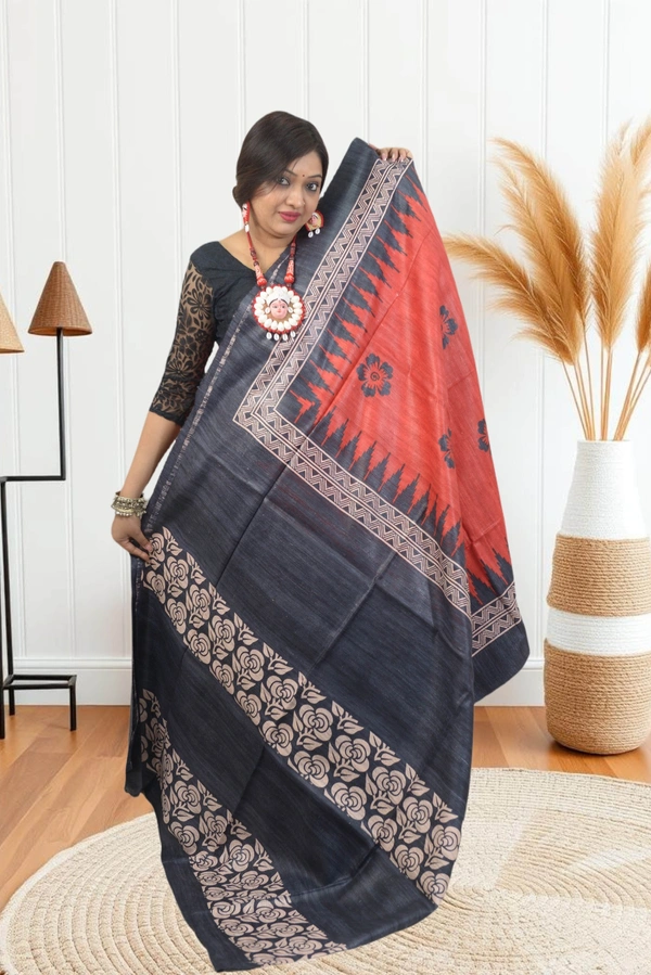 SKU0497 : Pure Ghicha Silk Saree–Handwoven Elegance from Bengal - Normal Length 6.3 mtr Plus, Red, Block Print, Dry Clean Only, Yes