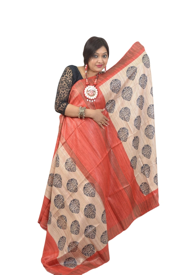 SKU0498 : Pure Ghicha Silk Saree–Handwoven Elegance from Bengal - Normal Length 6.3 mtr Plus, Tussar, Block Print, Dry Clean Only, Yes