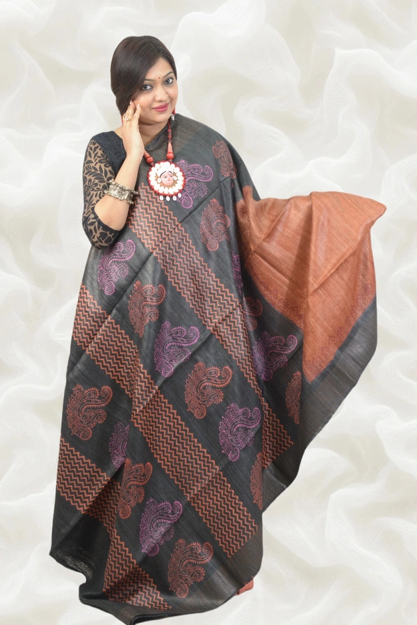 SKU0499 : Pure Ghicha Silk Saree–Handwoven Elegance from Bengal - Normal Length 6.3 mtr Plus, Terracotta, Block Print, Dry Clean Only, Yes