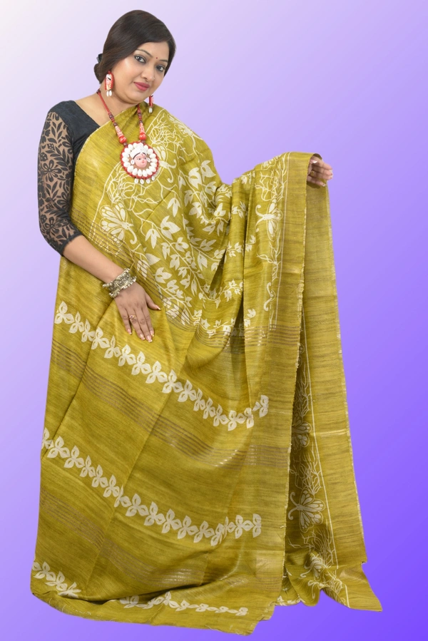 SKU0500 : Pure Ghicha Silk Saree – Handwoven Elegance from Bengal - Normal Length 6.3 mtr Plus, Olive Green, Block Print, Dry Clean Only, Yes
