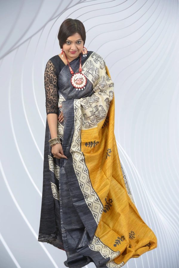 SKU0501 : Pure Ghicha Silk Saree–Handwoven Elegance from Bengal - Normal Length 6.3 mtr Plus, Yellow, Block Print, Dry Clean Only, Yes