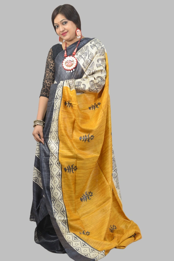 SKU0501 : Pure Ghicha Silk Saree–Handwoven Elegance from Bengal - Normal Length 6.3 mtr Plus, Yellow, Block Print, Dry Clean Only, Yes