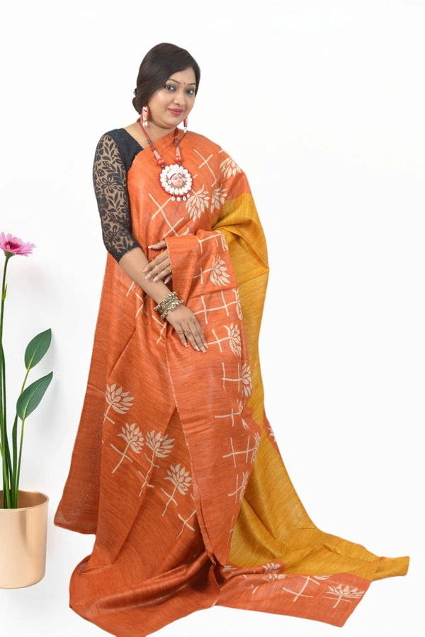 SKU0502 : Pure Ghicha Silk Saree–Handwoven Elegance from Bengal - Normal Length 6.3 mtr Plus, Orange, Block Print, Dry Clean Only, Yes