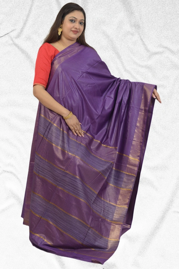 SKU0474 : Elegant Handwoven Tussar Ghicha Bapta Saree – Traditional Bengal Weave - Normal Length 6.3 mtr Plus, Purple, Plain / Solid, Dry Clean Only, Yes