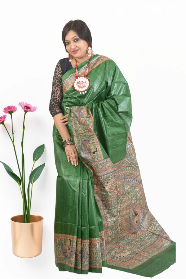 SKU0505 : Pure Ghicha Silk Saree–Handwoven Elegance from Bengal - Normal Length 6.3 mtr Plus, Green, Plain / Solid, Dry Clean Only, Yes