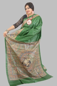 SKU0505 : Pure Ghicha Silk Saree–Handwoven Elegance from Bengal - Normal Length 6.3 mtr Plus, Green, Plain / Solid, Dry Clean Only, Yes