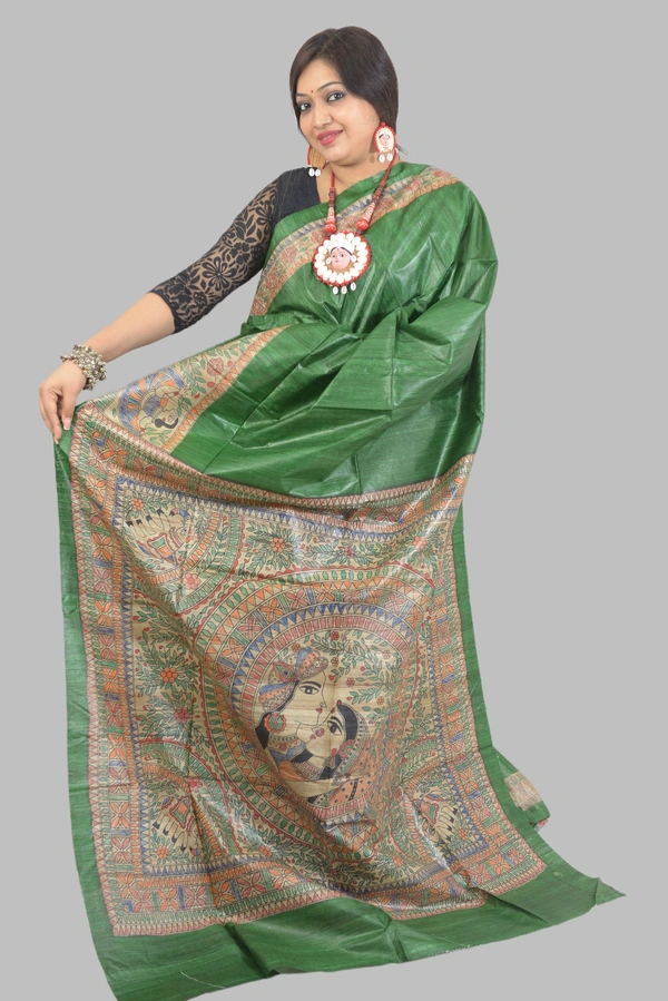 SKU0505 : Pure Ghicha Silk Saree–Handwoven Elegance from Bengal - Normal Length 6.3 mtr Plus, Green, Plain / Solid, Dry Clean Only, Yes