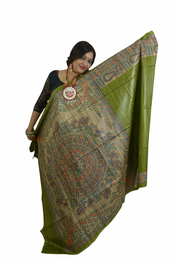 SKU0506 : Pure Ghicha Silk Saree–Handwoven Elegance from Bengal - Normal Length 6.3 mtr Plus, Green, Plain / Solid, Dry Clean Only, Yes