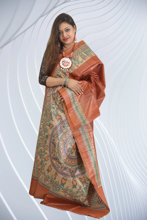 SKU0508 : Pure Ghicha Silk Saree–Handwoven Elegance from Bengal - Normal Length 6.3 mtr Plus, Rust, Plain / Solid, Dry Clean Only, Yes