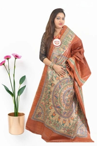 SKU0508 : Pure Ghicha Silk Saree–Handwoven Elegance from Bengal - Normal Length 6.3 mtr Plus, Rust, Plain / Solid, Dry Clean Only, Yes