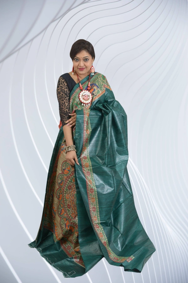 SKU0510 : Pure Ghicha Silk Saree – Handwoven Elegance from Bengal  - Normal Length 6.3 mtr Plus, Teal, Plain / Solid, Dry Clean Only, Yes