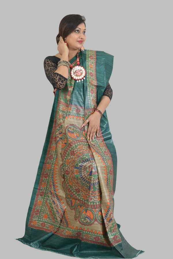 SKU0510 : Pure Ghicha Silk Saree – Handwoven Elegance from Bengal  - Normal Length 6.3 mtr Plus, Teal, Plain / Solid, Dry Clean Only, Yes