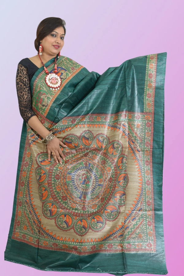 SKU0510 : Pure Ghicha Silk Saree – Handwoven Elegance from Bengal  - Normal Length 6.3 mtr Plus, Teal, Plain / Solid, Dry Clean Only, Yes