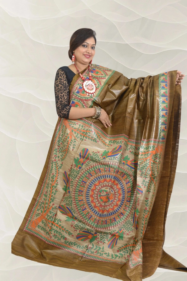 SKU0550 : Pure Ghicha Silk Saree–Handwoven Elegance from Bengal - Normal Length 6.3 mtr Plus, Bronze, Plain / Solid, Dry Clean Only, Yes