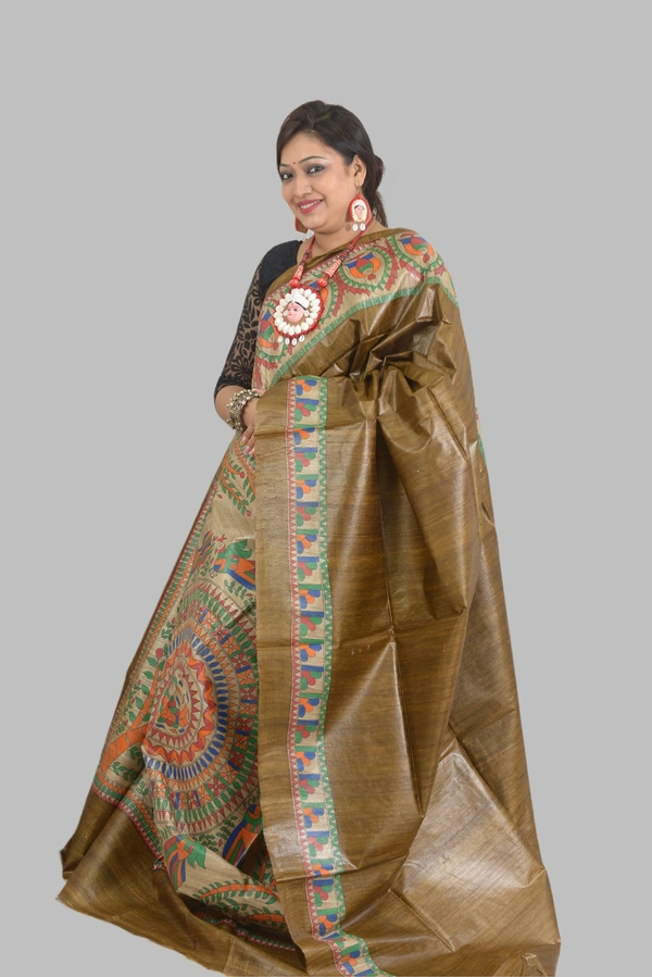 SKU0550 : Pure Ghicha Silk Saree–Handwoven Elegance from Bengal - Normal Length 6.3 mtr Plus, Bronze, Plain / Solid, Dry Clean Only, Yes