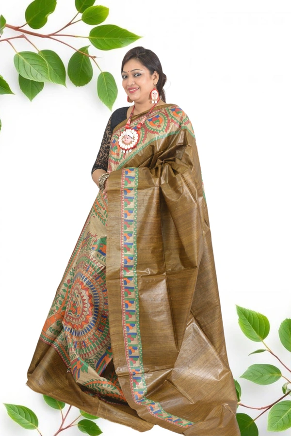 SKU0550 : Pure Ghicha Silk Saree–Handwoven Elegance from Bengal - Normal Length 6.3 mtr Plus, Bronze, Plain / Solid, Dry Clean Only, Yes