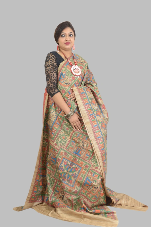 SKU0551 : Pure Ghicha Silk Saree–Handwoven Elegance from Bengal - Normal Length 6.3 mtr Plus, Tussar, Hand Print, Dry Clean Only, Yes