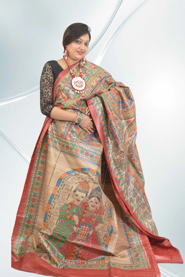 SKU0552 : Pure Ghicha Silk Saree–Handwoven Elegance from Bengal - Normal Length 6.3 mtr Plus, Tussar, Hand Print, Dry Clean Only, Yes