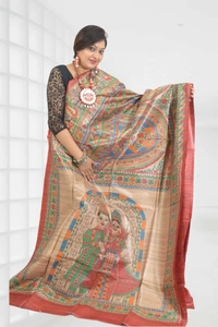 SKU0552 : Pure Ghicha Silk Saree–Handwoven Elegance from Bengal - Normal Length 6.3 mtr Plus, Tussar, Hand Print, Dry Clean Only, Yes