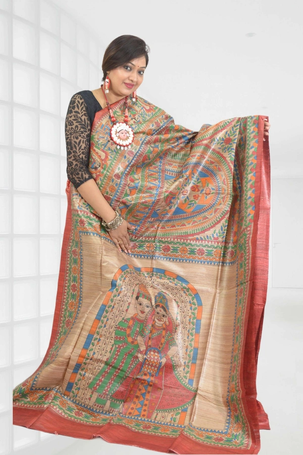 SKU0552 : Pure Ghicha Silk Saree–Handwoven Elegance from Bengal - Normal Length 6.3 mtr Plus, Tussar, Hand Print, Dry Clean Only, Yes