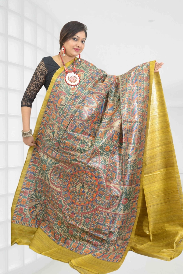 SKU0553 : Pure Ghicha Silk Saree–Handwoven Elegance from Bengal - Normal Length 6.3 mtr Plus, Master, Hand Print, Dry Clean Only, Yes