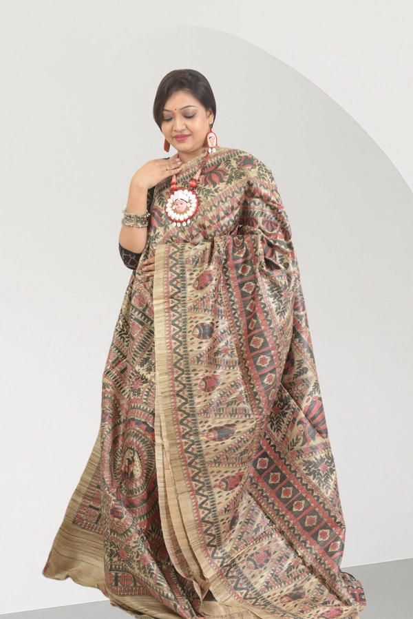 SKU0554 : Pure Ghicha Silk Saree–Handwoven Elegance from Bengal - Normal Length 6.3 mtr Plus, Tussar, Hand Print, Dry Clean Only, Yes