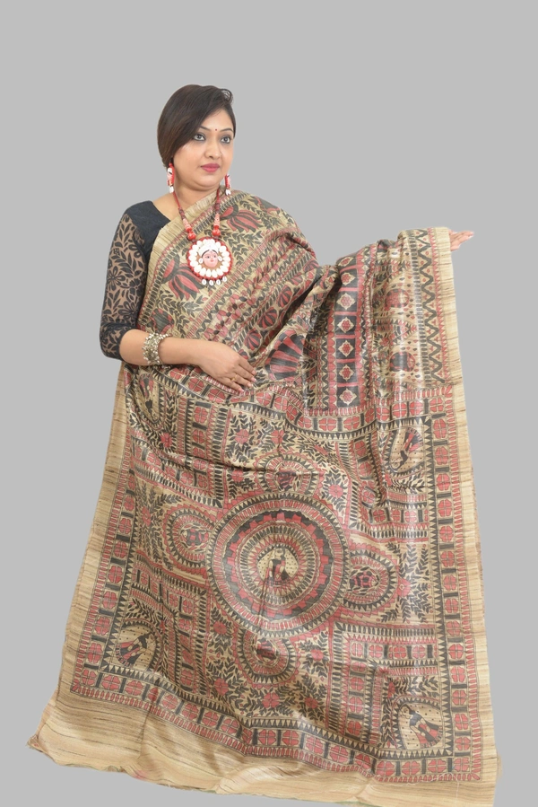 SKU0554 : Pure Ghicha Silk Saree–Handwoven Elegance from Bengal - Normal Length 6.3 mtr Plus, Tussar, Hand Print, Dry Clean Only, Yes