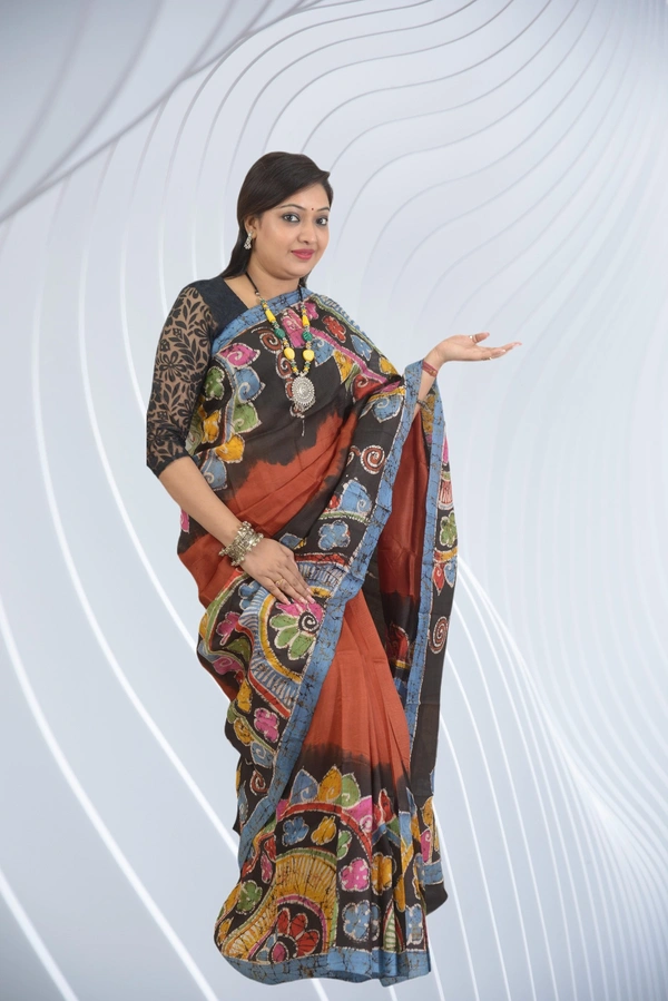 SKU0555 :  Murshidabad Pure Silk – Premium Wax Batik Fabric – Hand Painted - Normal Length 6.3 mtr Plus, Rust, Hand Print, Dry Clean Only, Yes