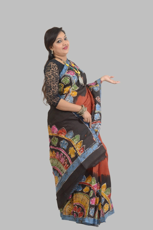 SKU0555 :  Murshidabad Pure Silk – Premium Wax Batik Fabric – Hand Painted - Normal Length 6.3 mtr Plus, Rust, Hand Print, Dry Clean Only, Yes