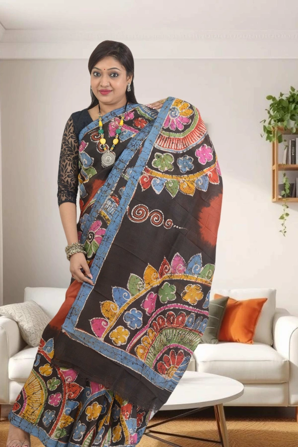 SKU0555 :  Murshidabad Pure Silk – Premium Wax Batik Fabric – Hand Painted - Normal Length 6.3 mtr Plus, Rust, Hand Print, Dry Clean Only, Yes