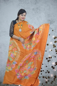 SKU-0557 : Murshidabad Pure Silk – Premium Wax Batik Fabric – Hand Painted - Normal Length 6.3 mtr Plus, Orange, Hand Print, Dry Clean Only, Yes