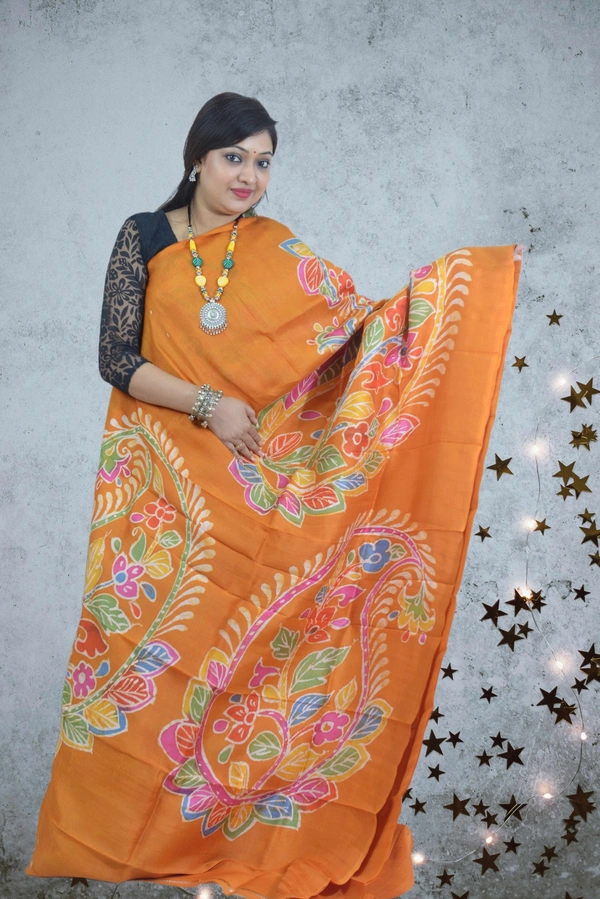 SKU-0557 : Murshidabad Pure Silk – Premium Wax Batik Fabric – Hand Painted - Normal Length 6.3 mtr Plus, Orange, Hand Print, Dry Clean Only, Yes