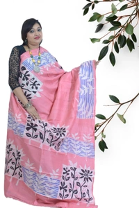 SKU0558 : Murshidabad Pure Silk – Premium Wax Batik Fabric – Hand Painted - Normal Length 6.3 mtr Plus, Peach, Hand Print, Dry Clean Only, Yes