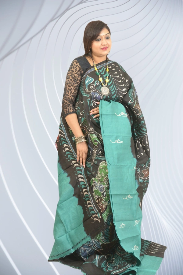 SKU0559 : Murshidabad Pure Silk – Premium Wax Batik Fabric – Hand Painted - Normal Length 6.3 mtr Plus, Green, Hand Print, Dry Clean Only, Yes