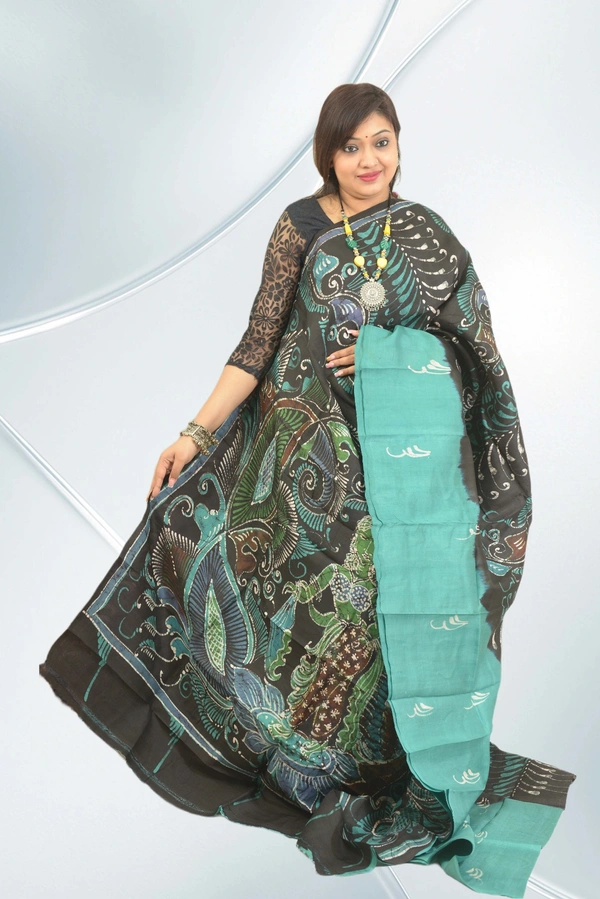 SKU0559 : Murshidabad Pure Silk – Premium Wax Batik Fabric – Hand Painted - Normal Length 6.3 mtr Plus, Green, Hand Print, Dry Clean Only, Yes