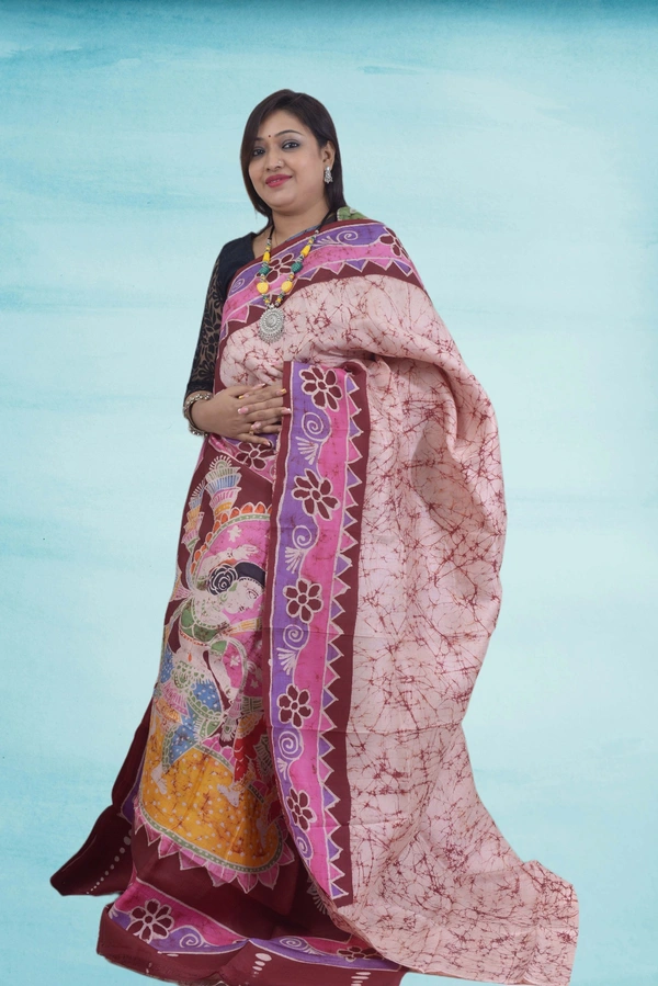 SKU0560 : Murshidabad Pure Silk – Premium Wax Batik Fabric – Hand Painted - Normal Length 6.3 mtr Plus, Cream, Hand Print, Dry Clean Only, Yes