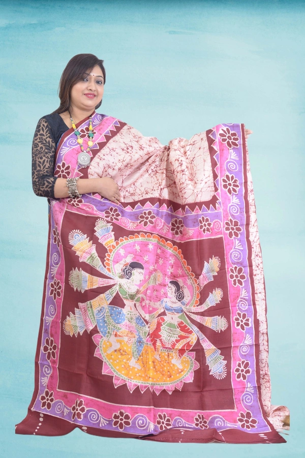 SKU0560 : Murshidabad Pure Silk – Premium Wax Batik Fabric – Hand Painted - Normal Length 6.3 mtr Plus, Cream, Hand Print, Dry Clean Only, Yes