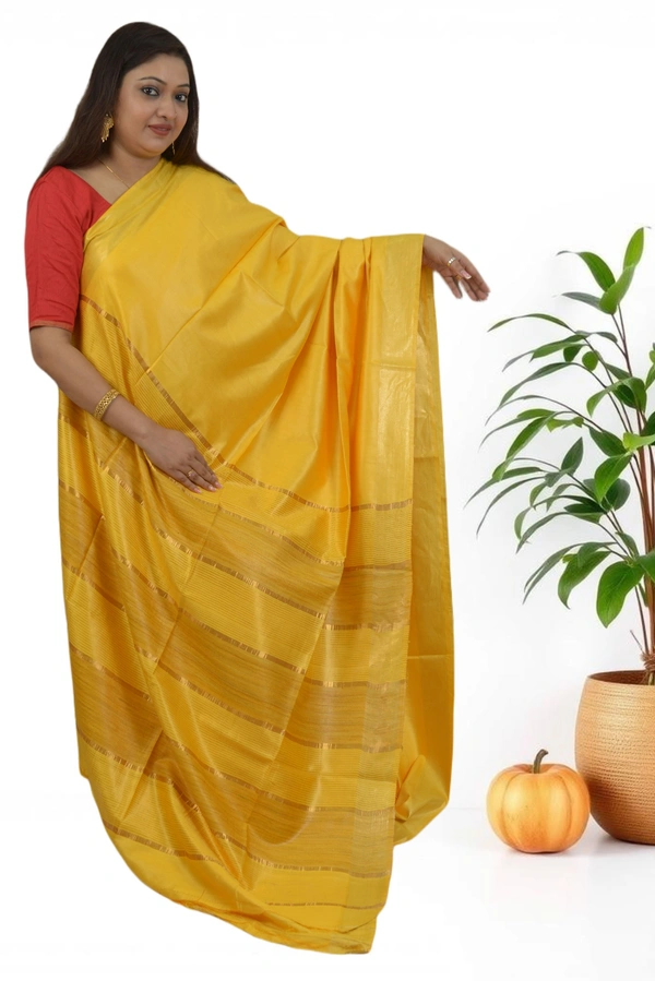 SKU0476 : Elegant Handwoven Tussar Ghicha Bapta Saree – Traditional Bengal Weave - Normal Length 6.3 mtr Plus, Golden Yellow, Plain / Solid, Dry Clean Only, Yes