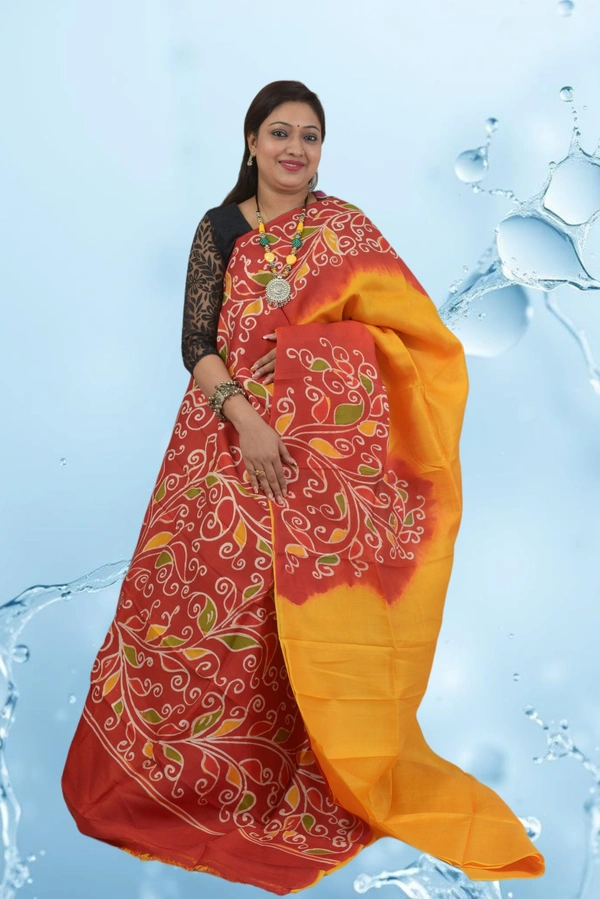 SKU0561 : Murshidabad Pure Silk – Premium Wax Batik Fabric – Hand Painted - Normal Length 6.3 mtr Plus, Multi Color, Hand Print, Dry Clean Only, Yes