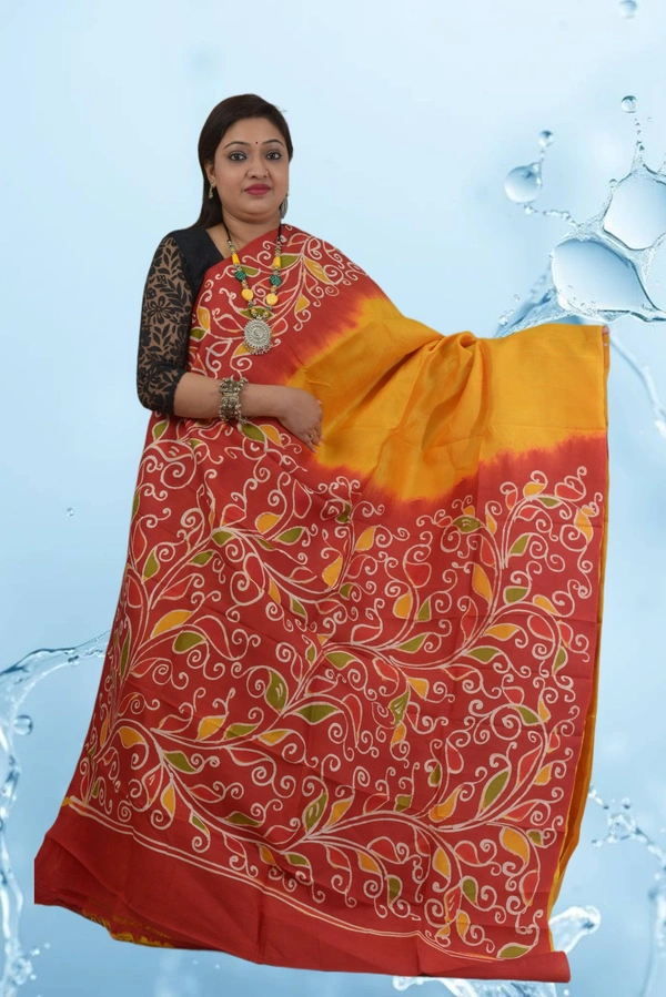 SKU0561 : Murshidabad Pure Silk – Premium Wax Batik Fabric – Hand Painted - Normal Length 6.3 mtr Plus, Multi Color, Hand Print, Dry Clean Only, Yes