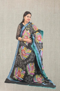 SKU0562 : Murshidabad Pure Silk – Premium Wax Batik Fabric – Hand Painted - Normal Length 6.3 mtr Plus, Green, Hand Print, Dry Clean Only, Yes