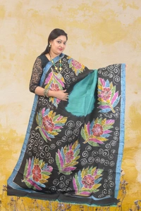 SKU0562 : Murshidabad Pure Silk – Premium Wax Batik Fabric – Hand Painted - Normal Length 6.3 mtr Plus, Green, Hand Print, Dry Clean Only, Yes