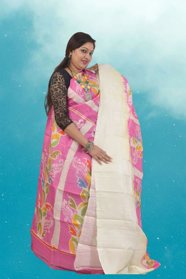 SKU0563 : Murshidabad Pure Silk – Premium Wax Batik Fabric – Hand Painted - Normal Length 6.3 mtr Plus, Pink, Hand Print, Dry Clean Only, Yes