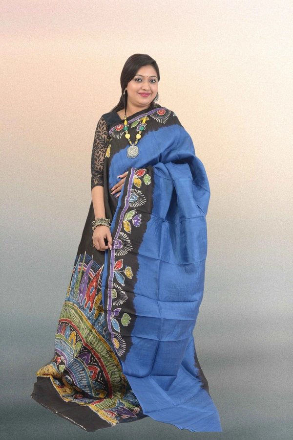 SKU0564 : Murshidabad Pure Silk – Premium Wax Batik Fabric – Hand Painted - Normal Length 6.3 mtr Plus, Blue, Hand Print, Dry Clean Only, Yes